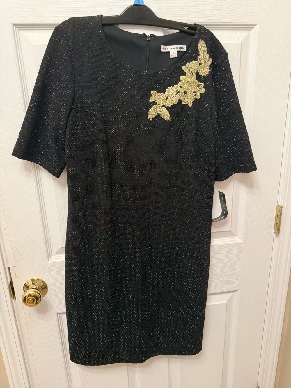 Madison Leigh Black Shift Dress with Gold Floral Applique Size 12 NWT